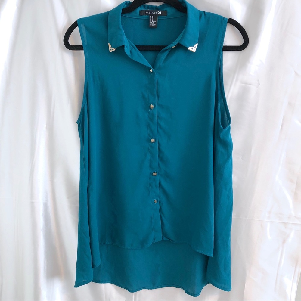 FOREVER 21 Turquoise Blue Gold Tip Collar Tank Top